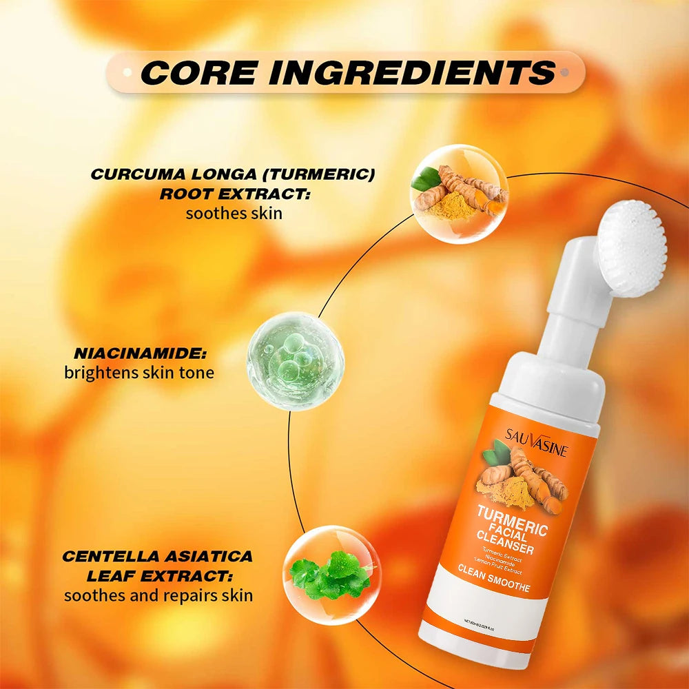 Turmeric Daily Face Wash Foam with Brush Skin Care Clean Lemon Fruit Extract