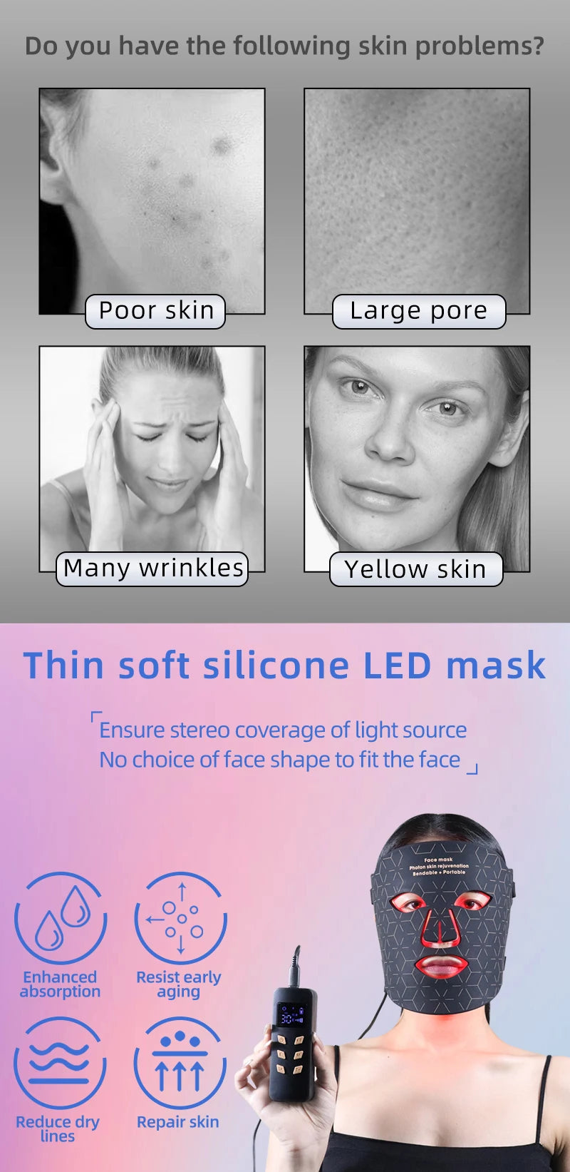 Soft Portable Led Facial Mask-Red Light Therapy Skin Care Face Beauty Mask