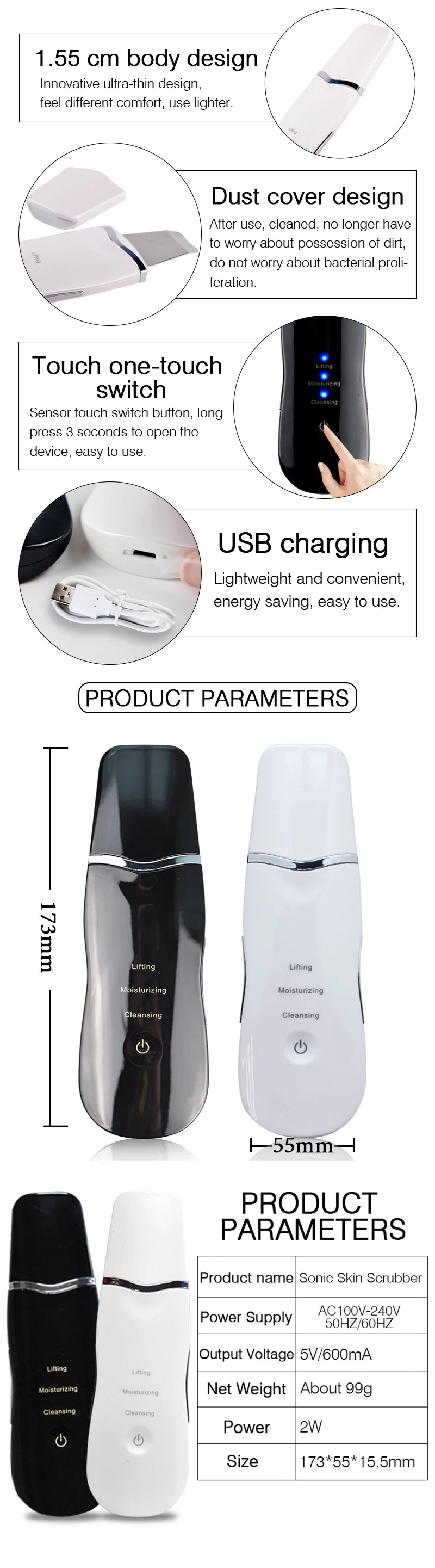 Ultrasonic Deep Face Cleaning Machine Skin Scrubber Remove Dirt Blackhead Reduce Spots And Wrinkles Facial Lifting