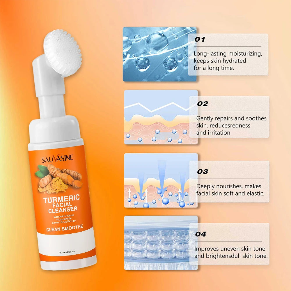 Turmeric Daily Face Wash Foam with Brush Skin Care Clean Lemon Fruit Extract