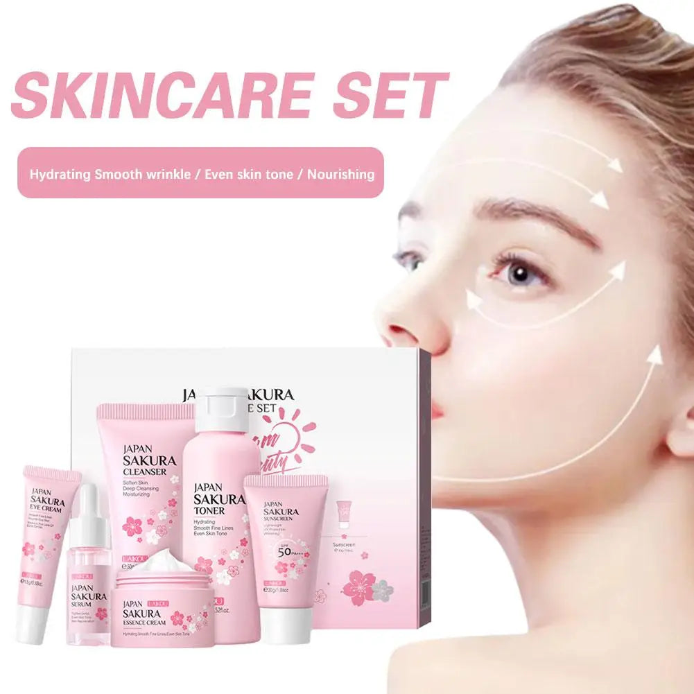 6pcs Nostalgic Sakura Glow Set- Face Cream,Serum,Toner, Facial Cleanser, Sunscreen, Eye Cream,Product Gift box
