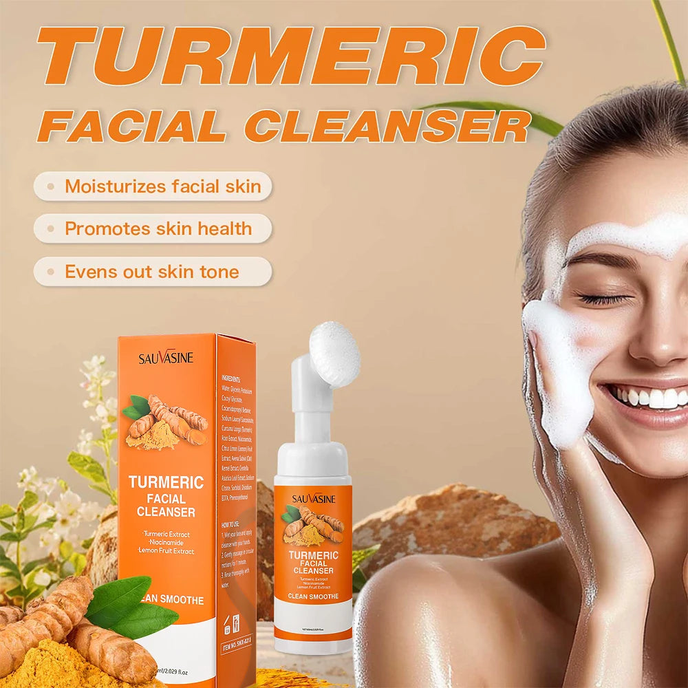 Turmeric Daily Face Wash Foam with Brush Skin Care Clean Lemon Fruit Extract
