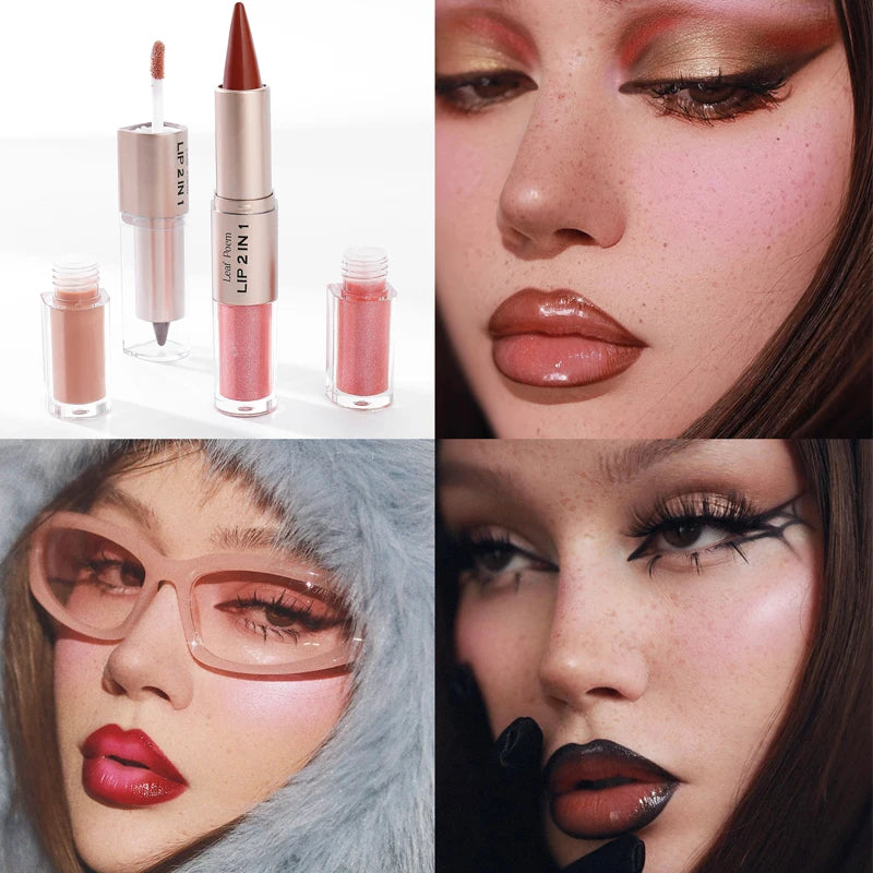 Tapered Lip Liner Contour Pencil Double Head Mirror Lip Glaze Crystal Lip Gloss Sexy Red Lips Tint Makeup