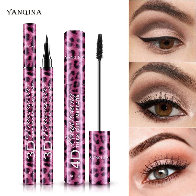 Liquid Eyeliner Pencil+4D Waterproof Mascara Set Cosmetics Eye Liner Thick Curling Mascara Eyebrow Pencil Eyes Makeup